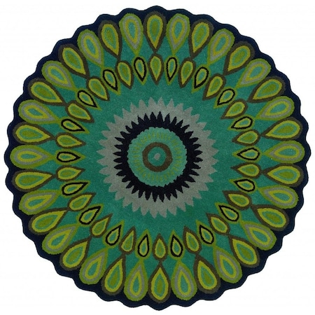 Homeroots 5 ft. Round Green Peacock Feather Area Rug 396247
